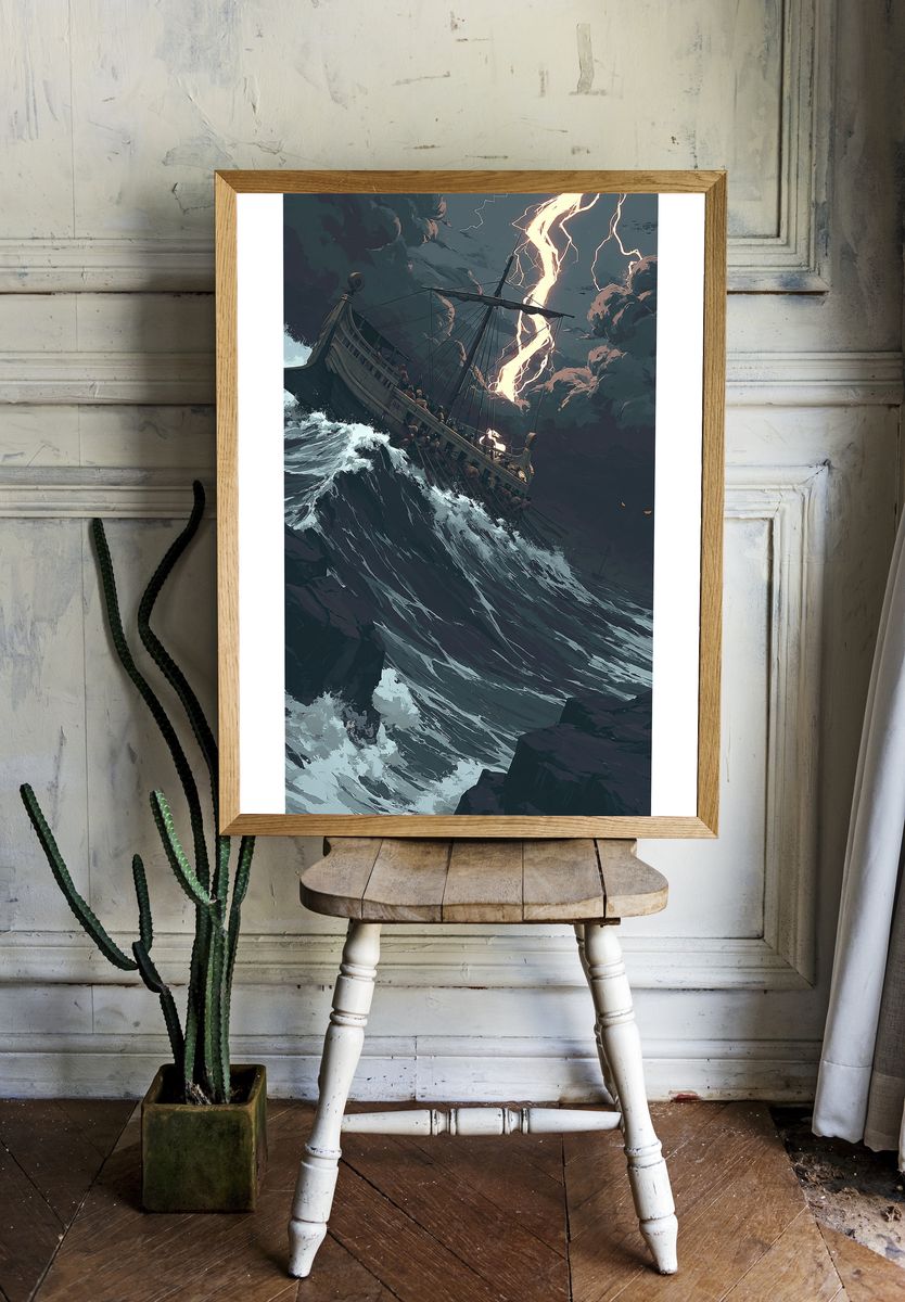 Storm-Tossed Ship Illustration Poster. room preview