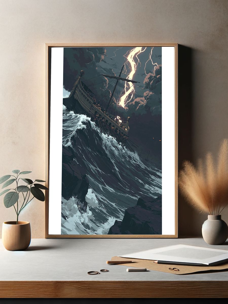 Storm-Tossed Ship Illustration Poster. — room view 2