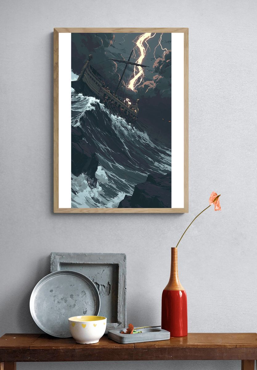 Storm-Tossed Ship Illustration Poster. — room view 3
