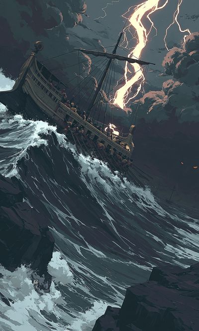 Storm-Tossed Ship Illustration Poster.