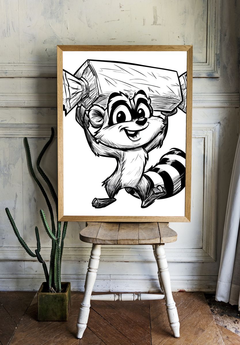 Cute Raccoon Ink Illustration Poster. — room view 1