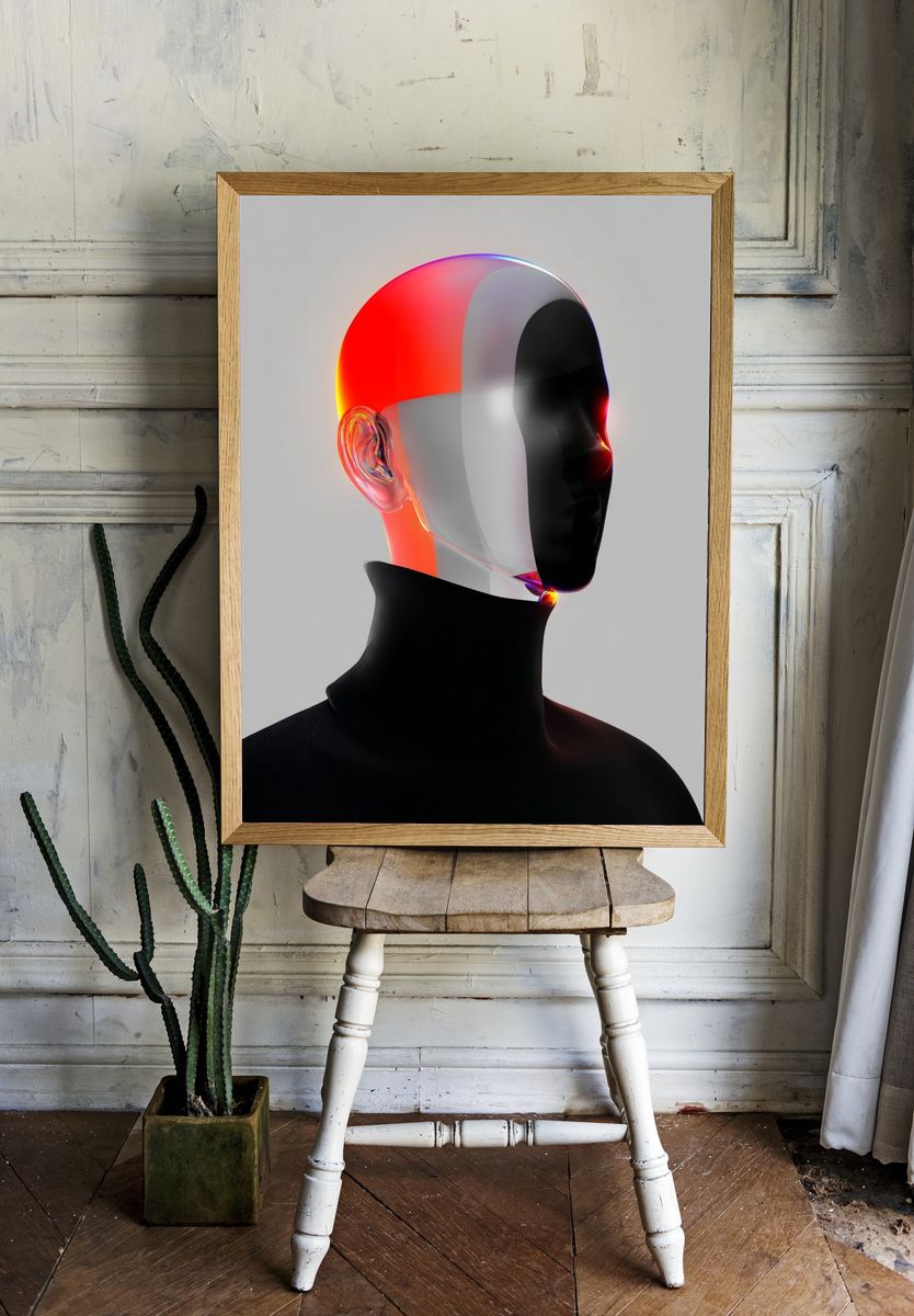 Neon Chrome Head Abstract Print. — room view 1