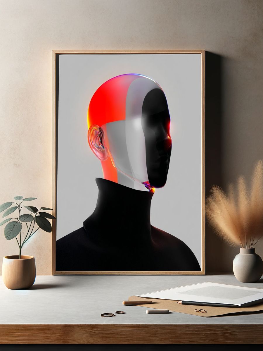 Neon Chrome Head Abstract Print. — room view 2