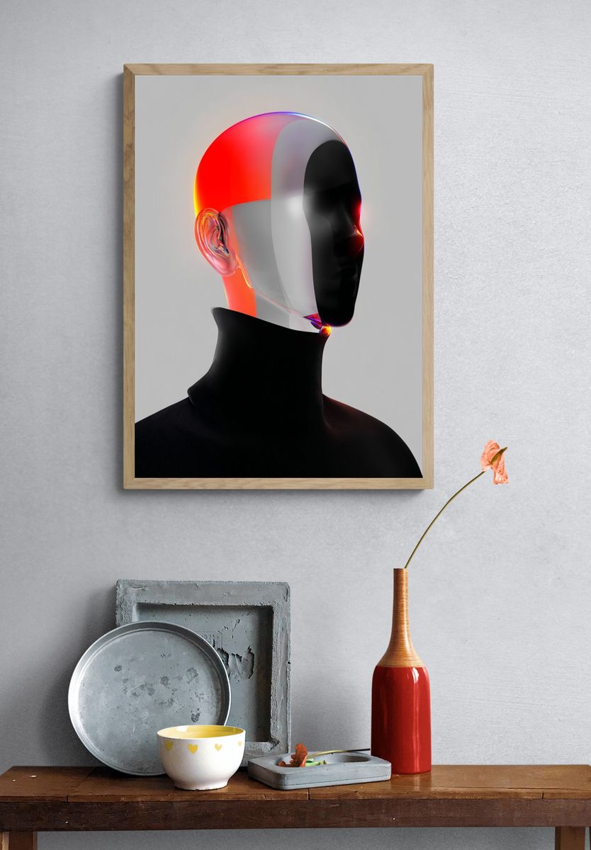 Neon Chrome Head Abstract Print. — room view 3