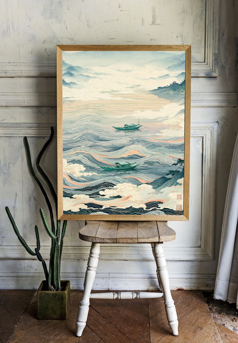 Misty River Boats Illustration Print. room preview