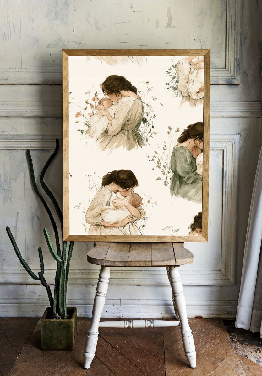 Mother and Baby Watercolor Print. room preview