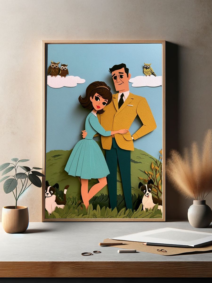 Paper Cut Couple Illustration Poster. — room view 2