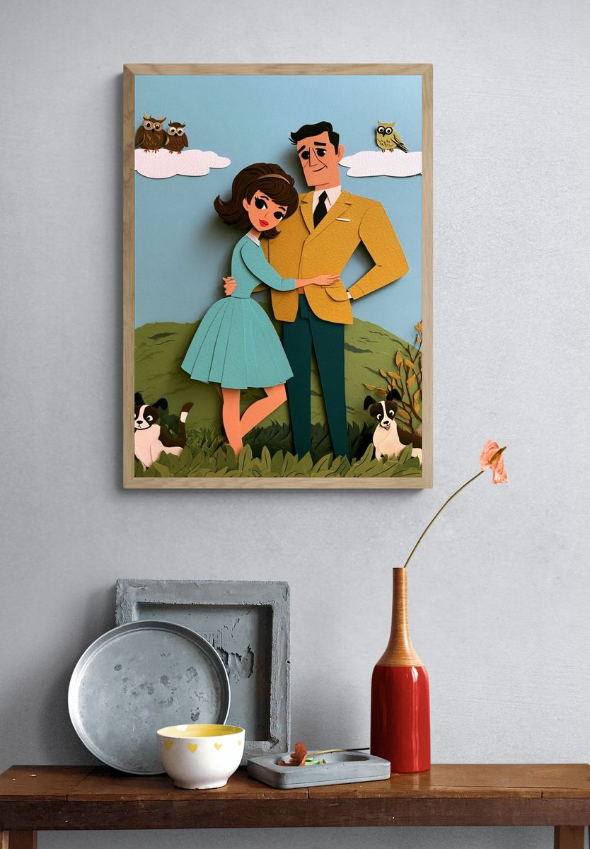 Paper Cut Couple Illustration Poster. — room view 3
