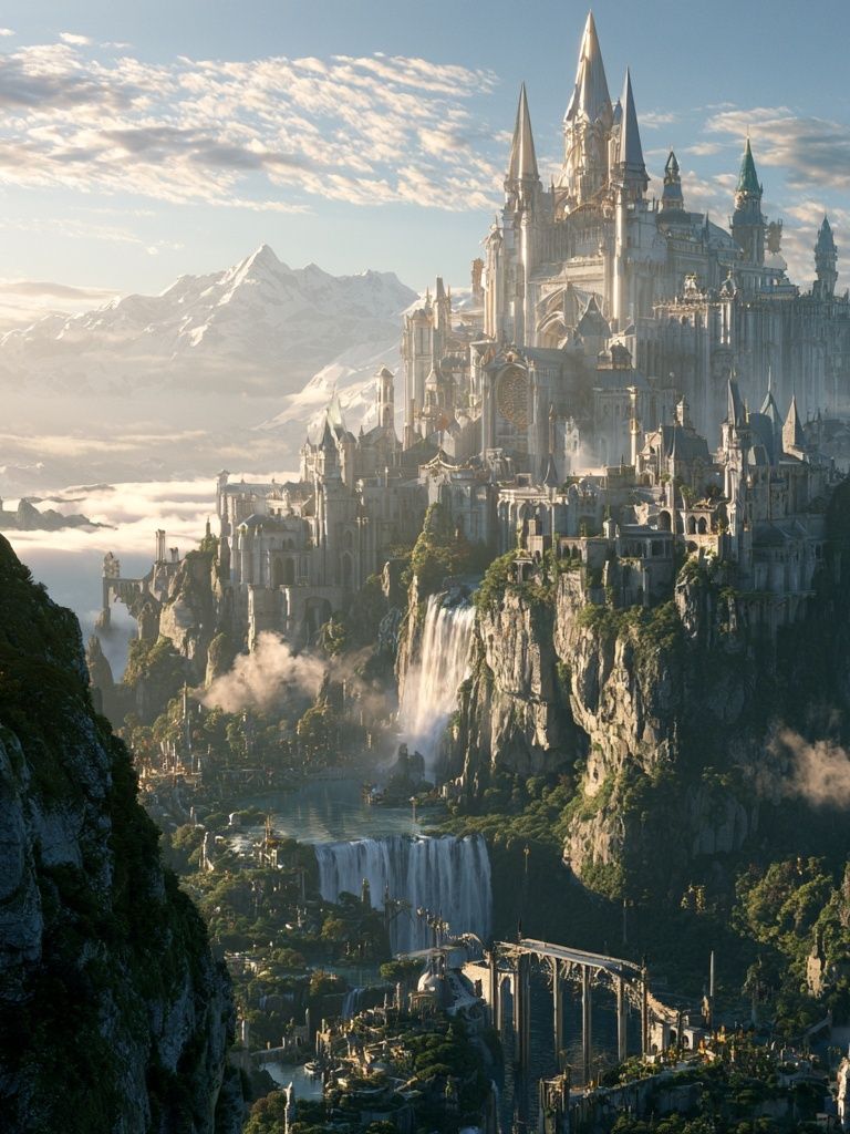 Fantasy Castle Mountain Landscape Print. poster detail
