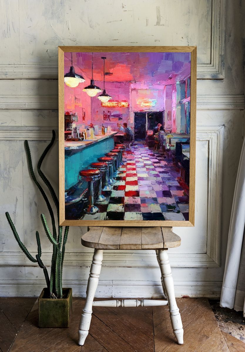 Neon Diner Interior Illustration Poster. — room view 1