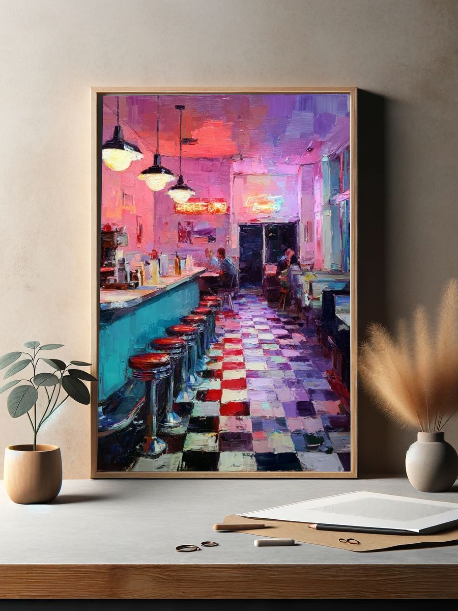 Neon Diner Interior Illustration Poster. — room view 2