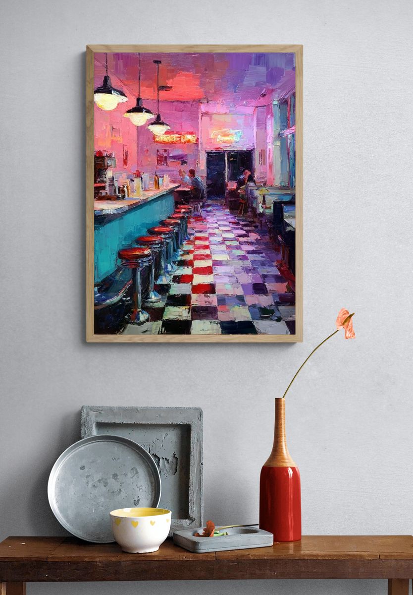 Neon Diner Interior Illustration Poster. — room view 3