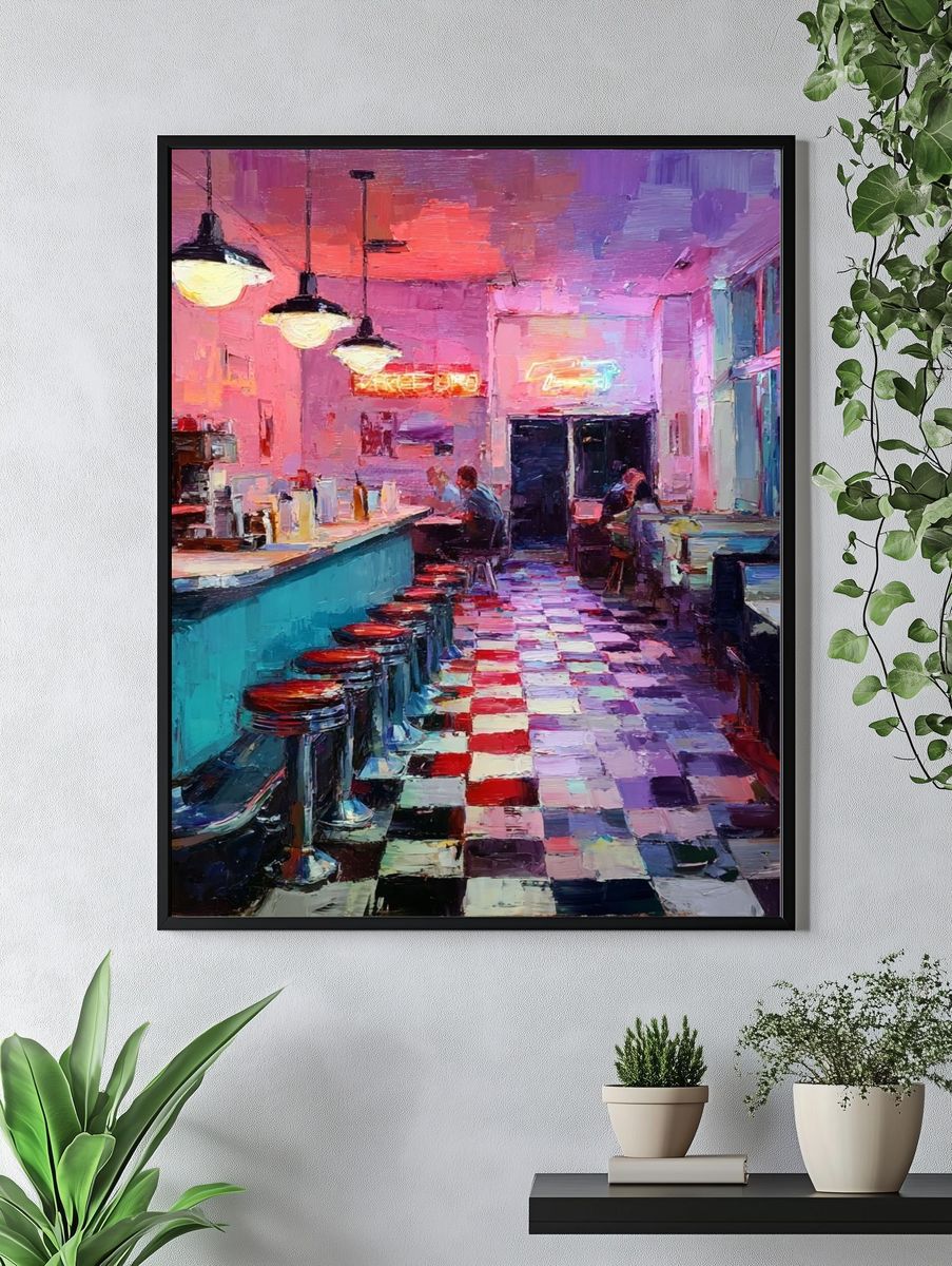 Neon Diner Interior Illustration Poster. — room view 4