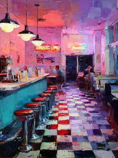 Neon Diner Interior Illustration Poster.
