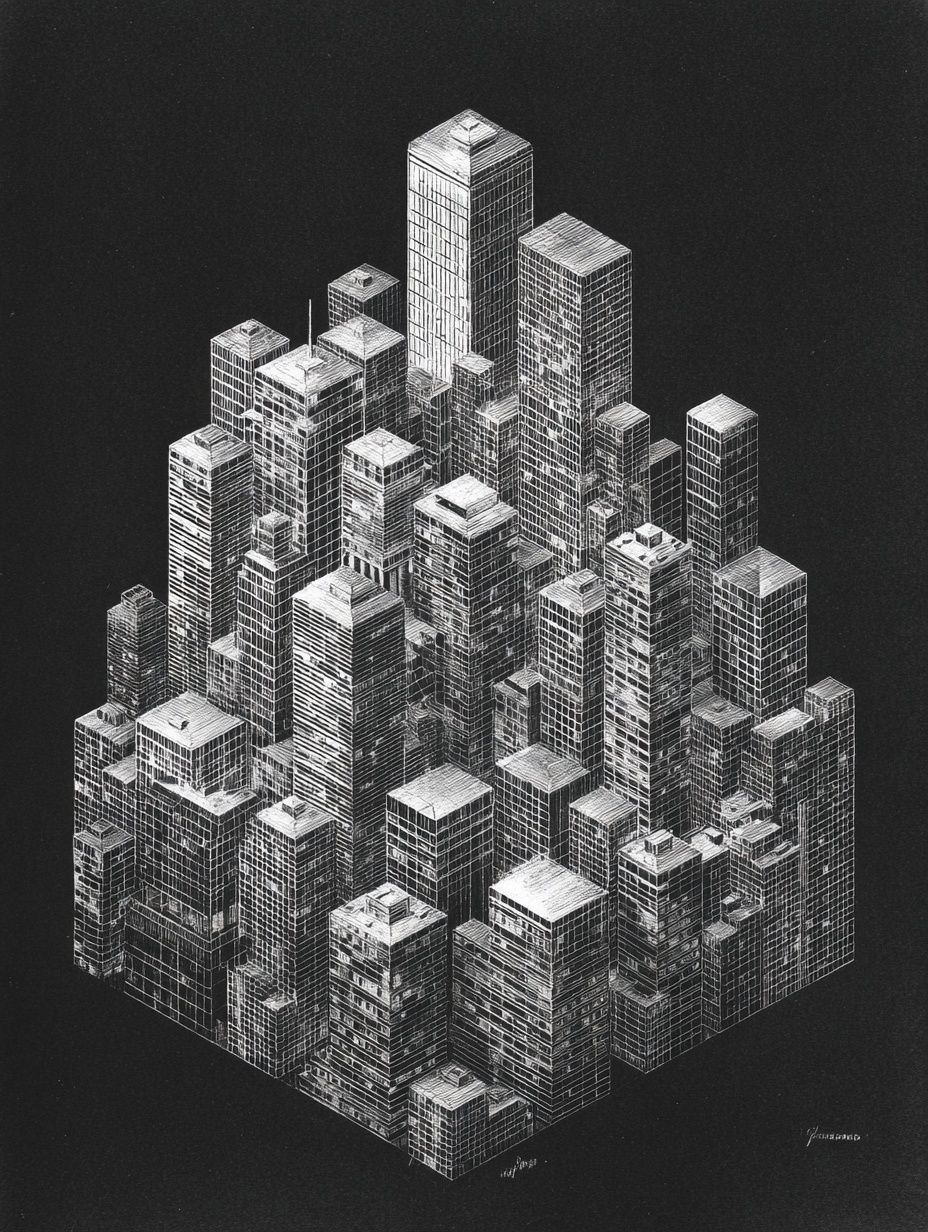 Monochrome Cityscape Illustration Poster. poster — illustration art