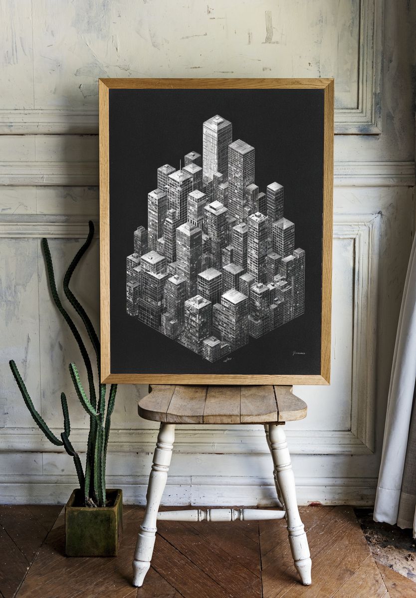 Monochrome Cityscape Illustration Poster. — room view 1
