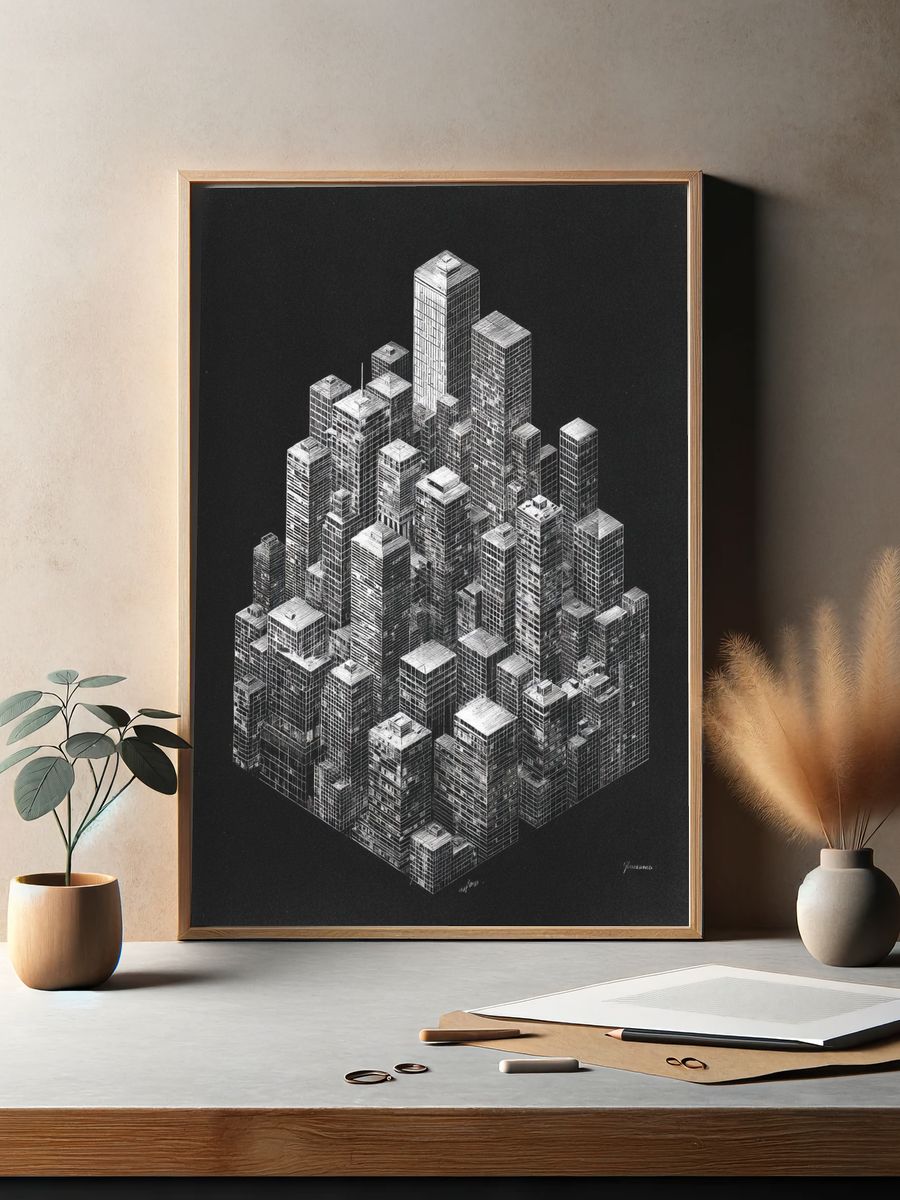 Monochrome Cityscape Illustration Poster. — room view 2