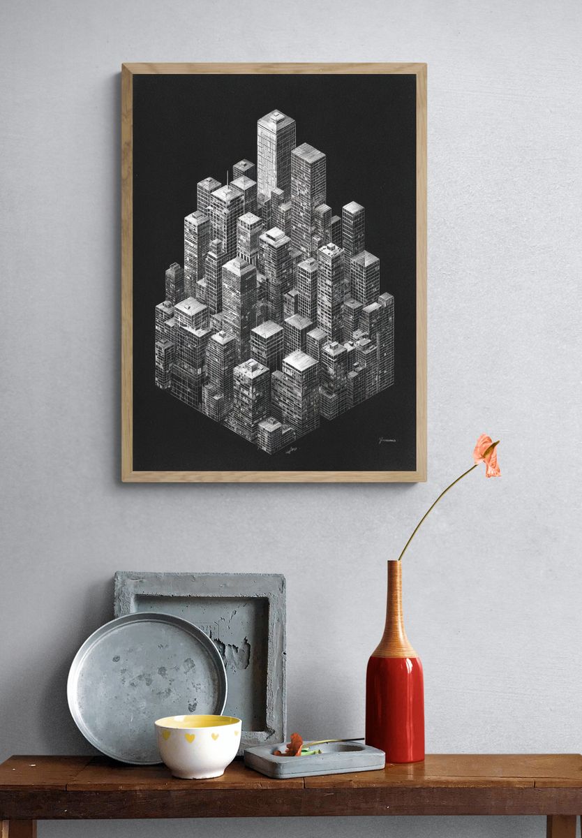 Monochrome Cityscape Illustration Poster. — room view 3