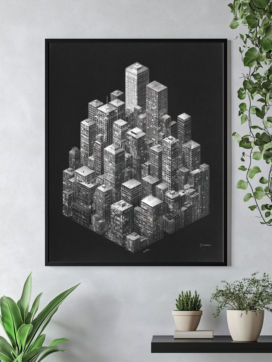 Monochrome Cityscape Illustration Poster. — room view 4