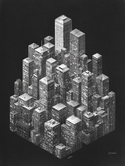 Monochrome Cityscape Illustration Poster. poster