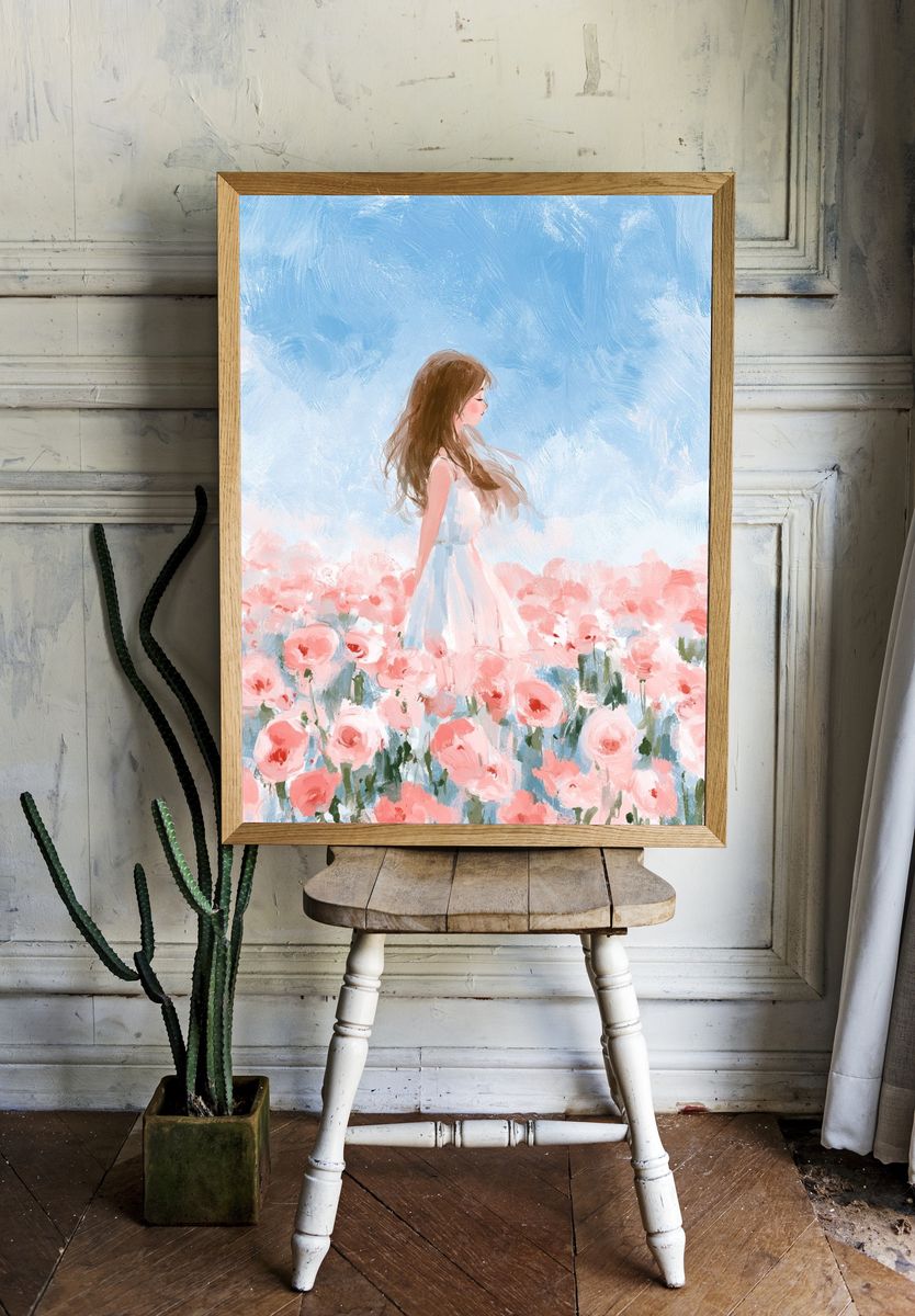 Girl in Rose Garden Illustration Poster. room preview