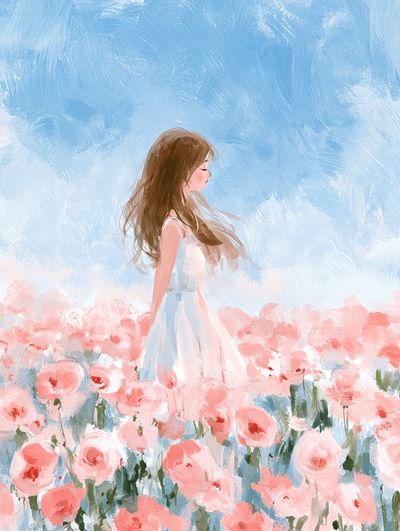 Girl in Rose Garden Illustration Poster. poster
