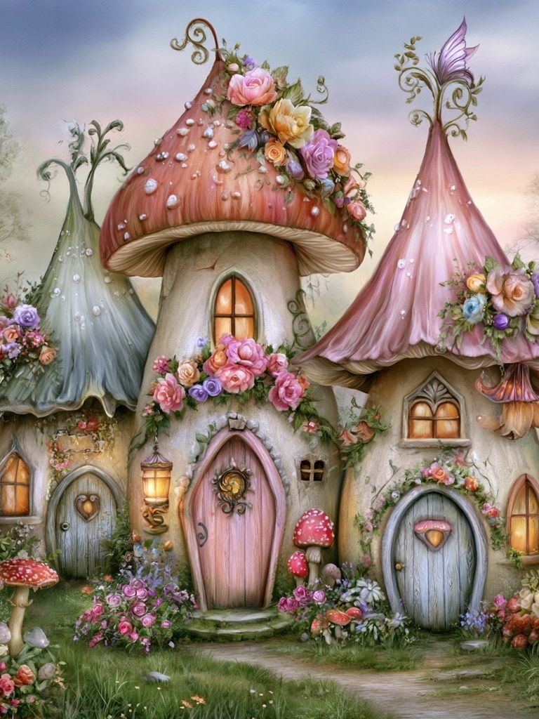 Enchanted Mushroom Cottage Print. poster — illustration art