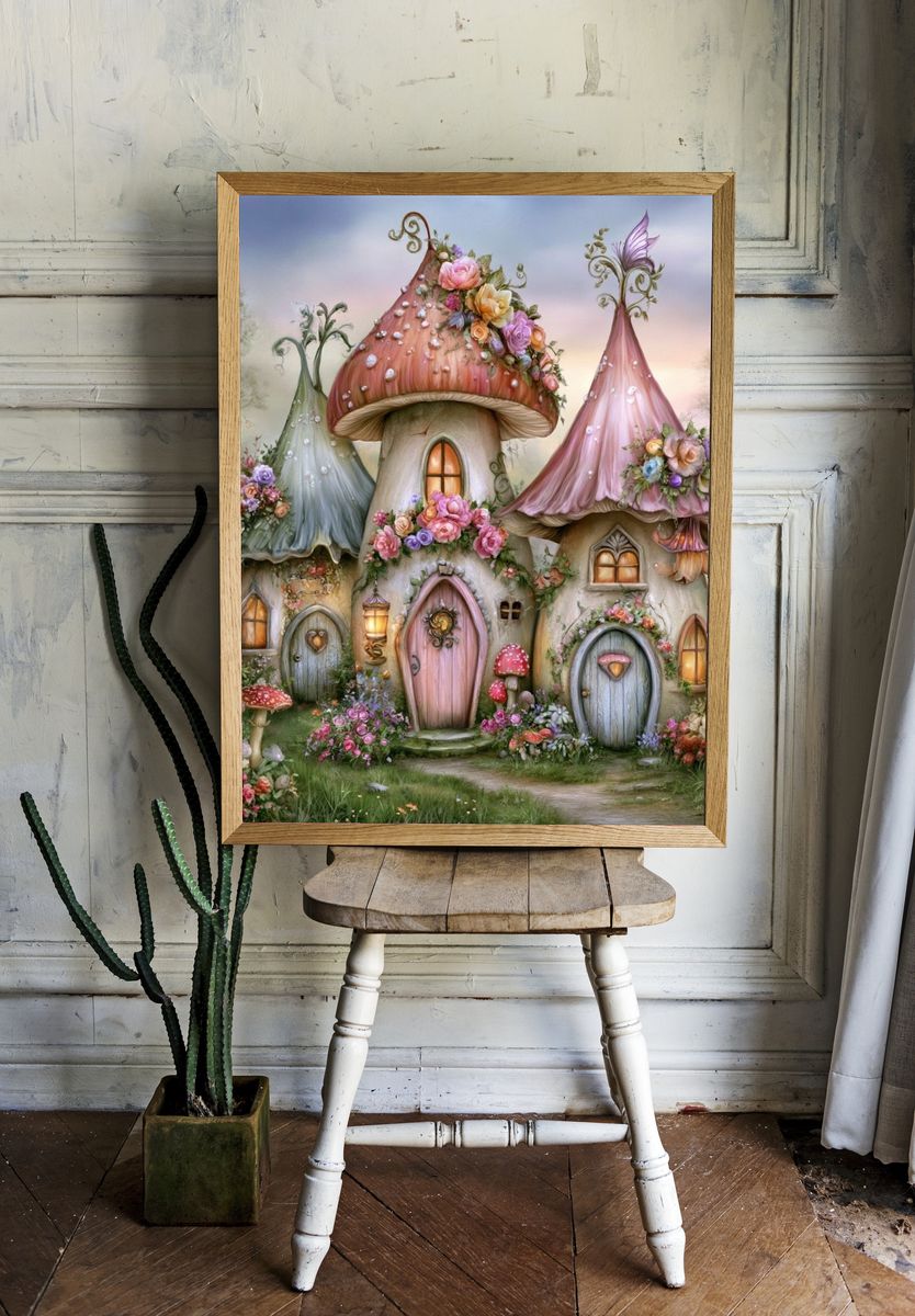 Enchanted Mushroom Cottage Print. — room view 1