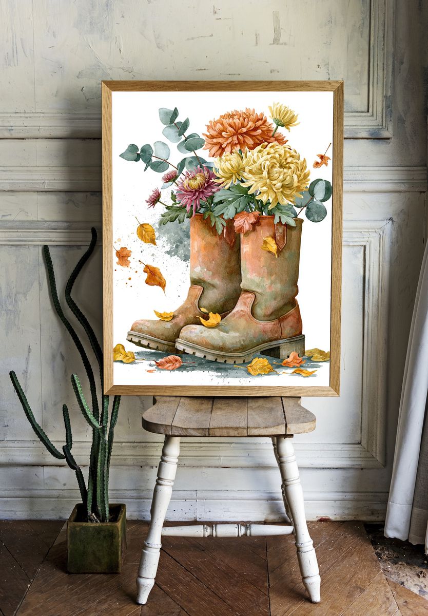 Autumn Boots Watercolor Print. — room view 1