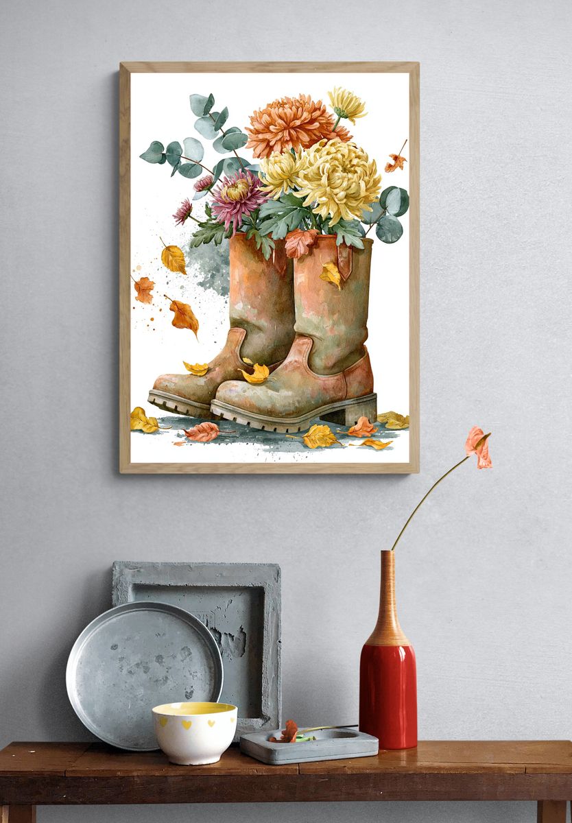 Autumn Boots Watercolor Print. — room view 3
