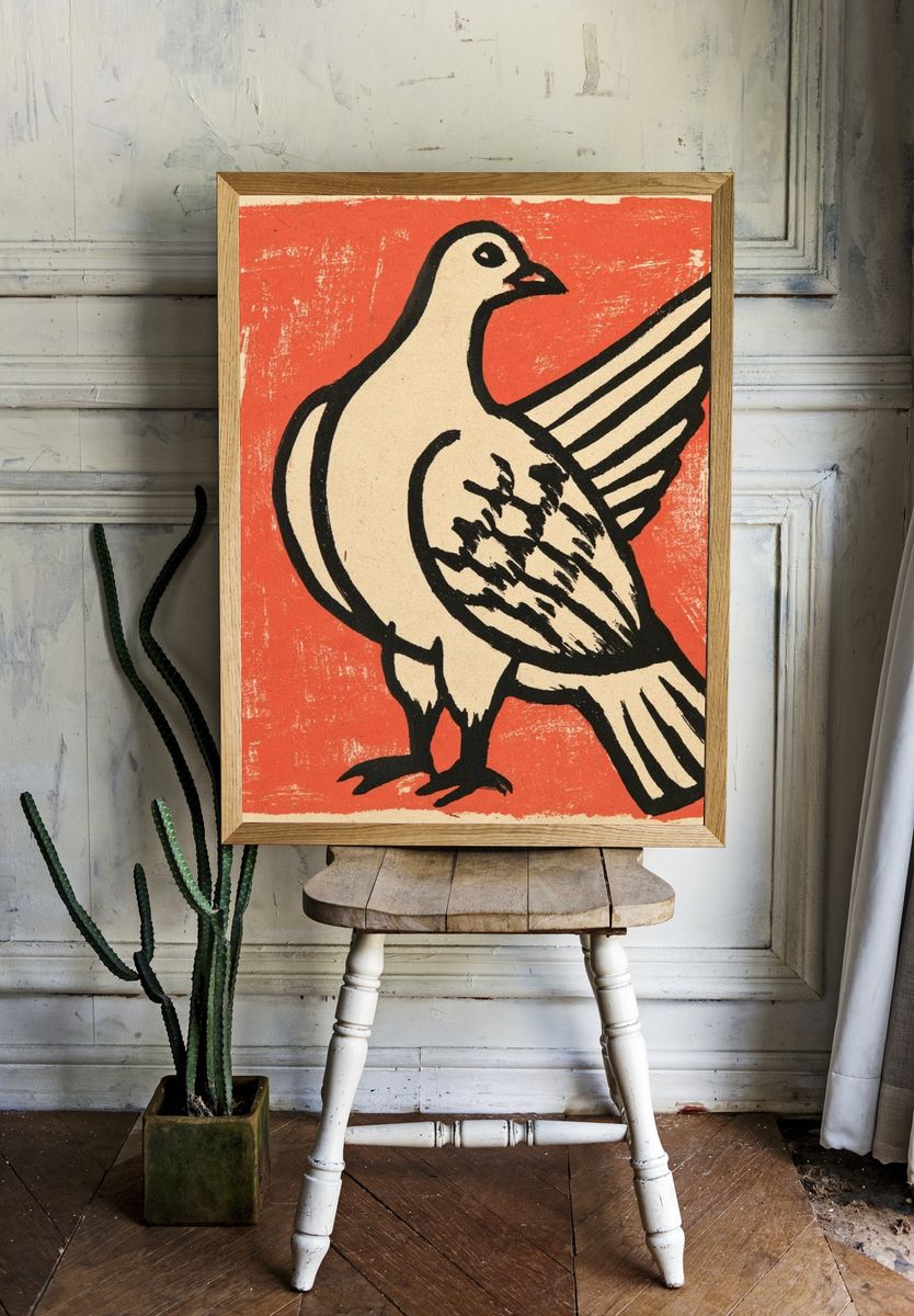 Pigeon Linocut Illustration Poster. room preview