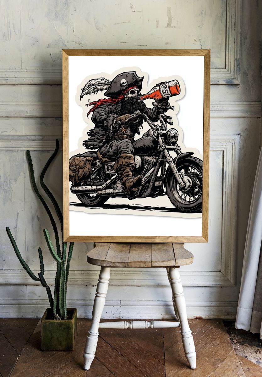 Pirate Skeleton Biker Illustration Poster. — room view 1