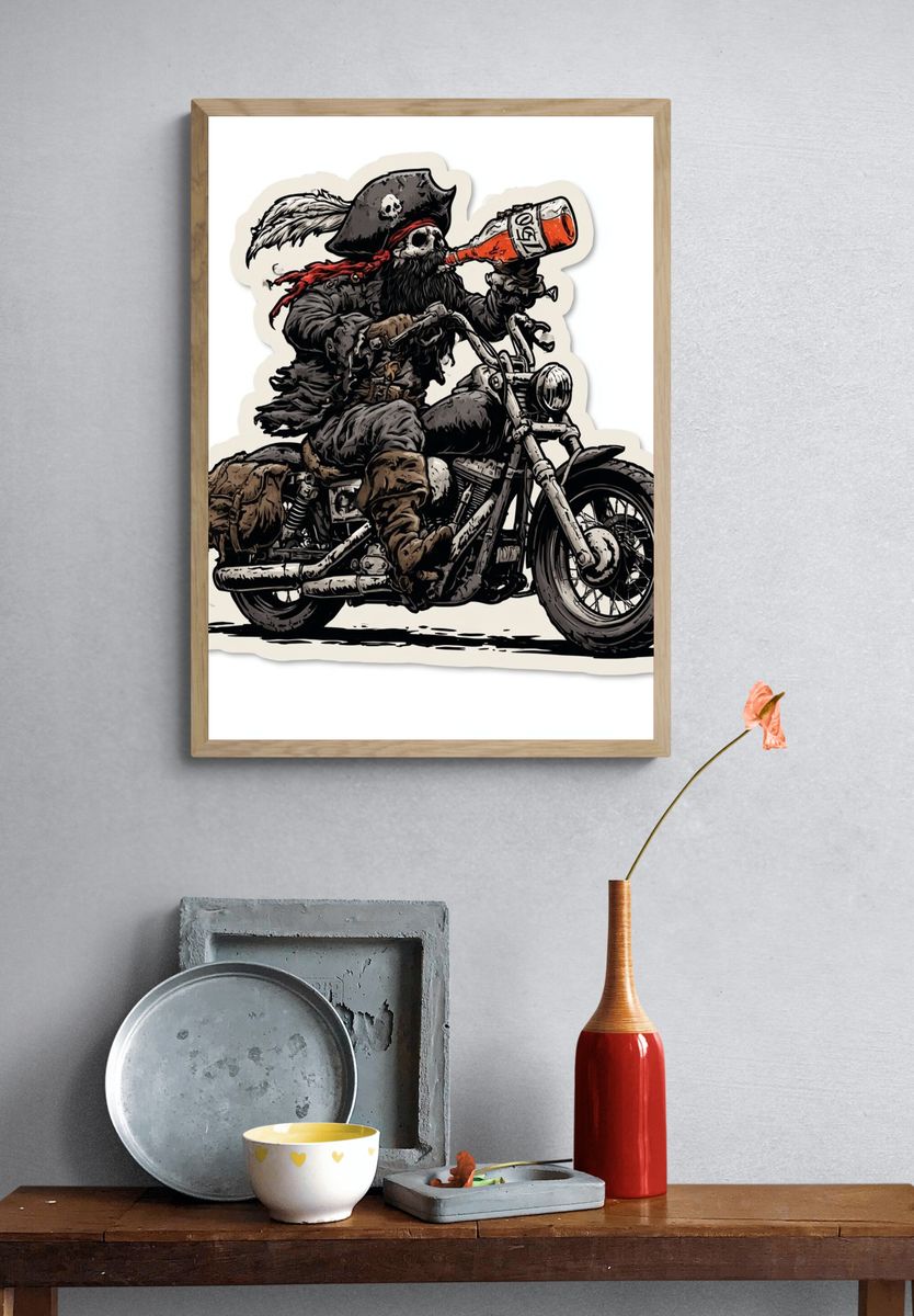 Pirate Skeleton Biker Illustration Poster. — room view 3