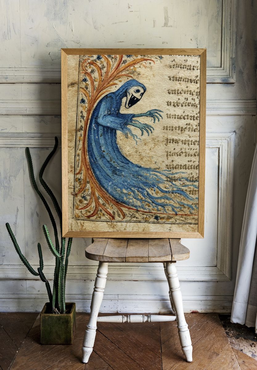 Medieval Blue Monster Illustration Poster. — room view 1