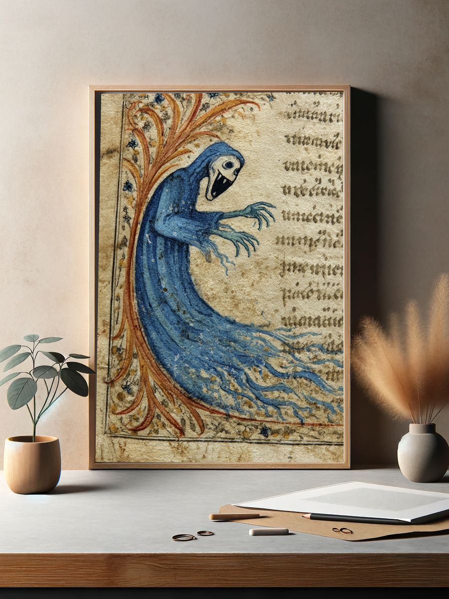 Medieval Blue Monster Illustration Poster. — room view 2