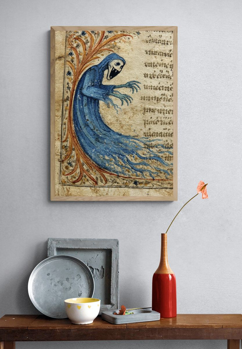Medieval Blue Monster Illustration Poster. — room view 3
