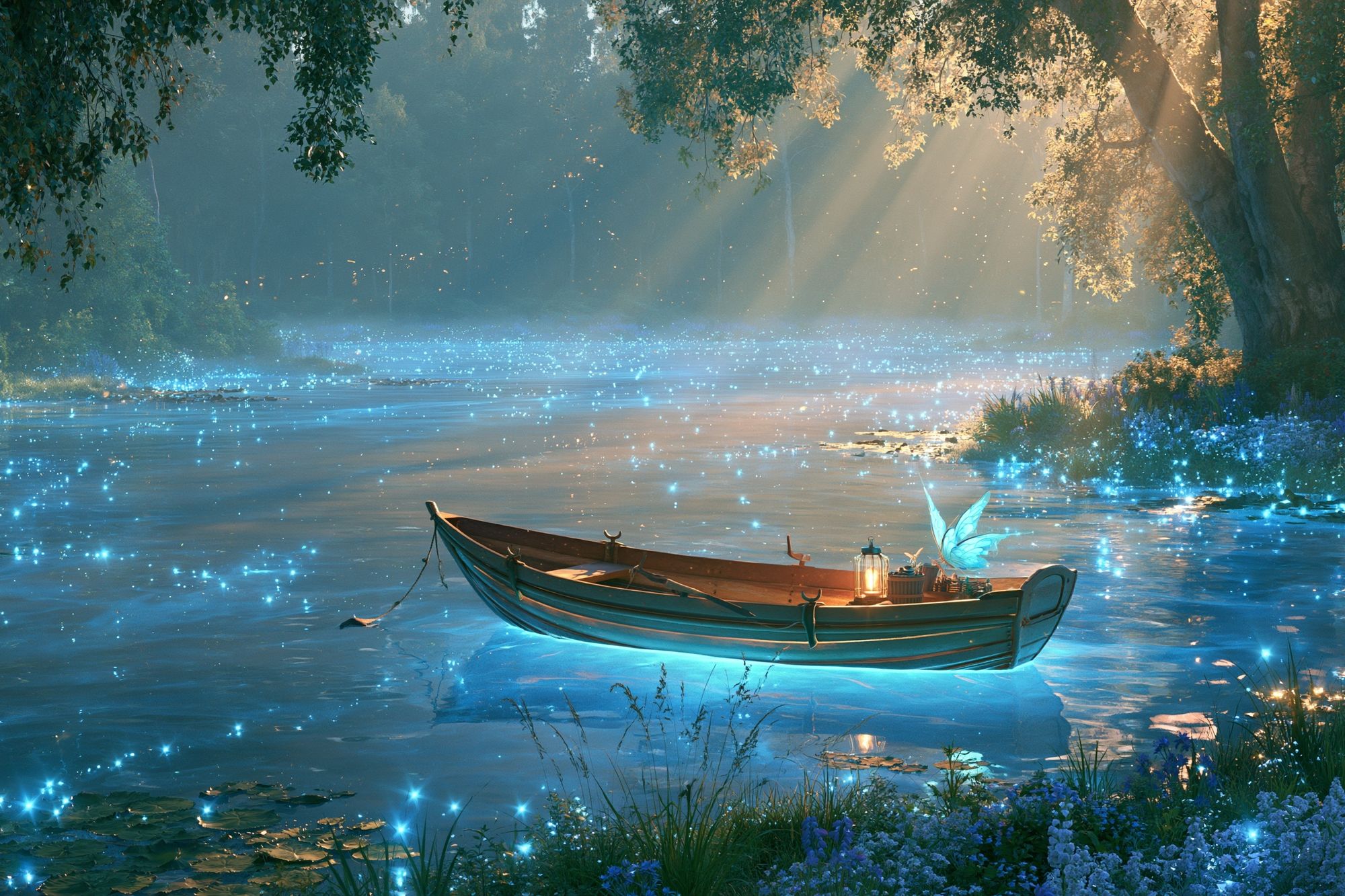 Enchanted River Boat Illustration Poster. poster detail