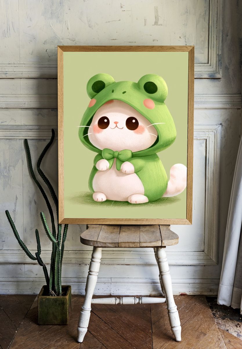Frog Hoodie Cat Illustration Poster. room preview
