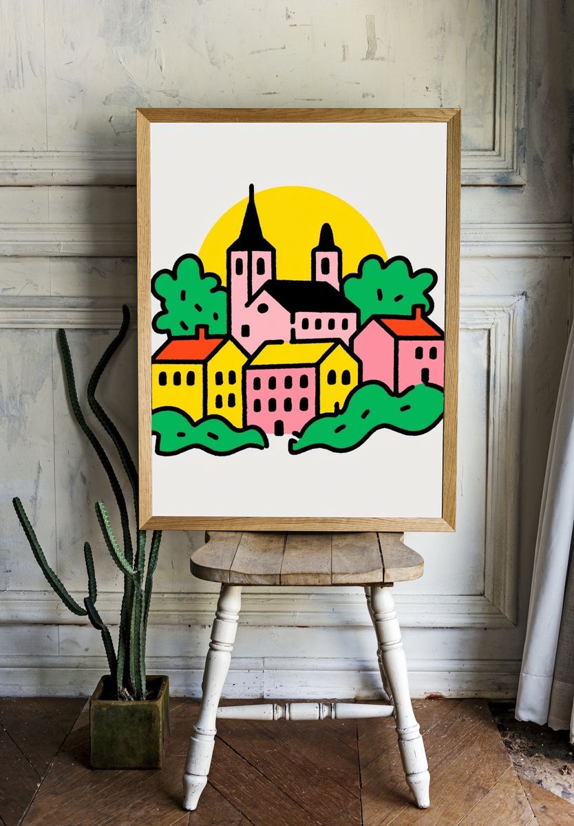 Colorful Village Illustration Poster. — room view 1