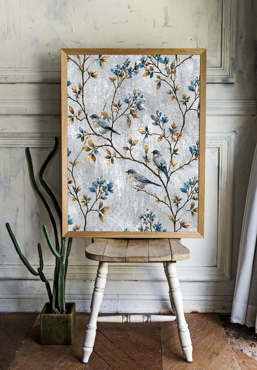 Blue Birds on Branches Illustration Poster. room preview