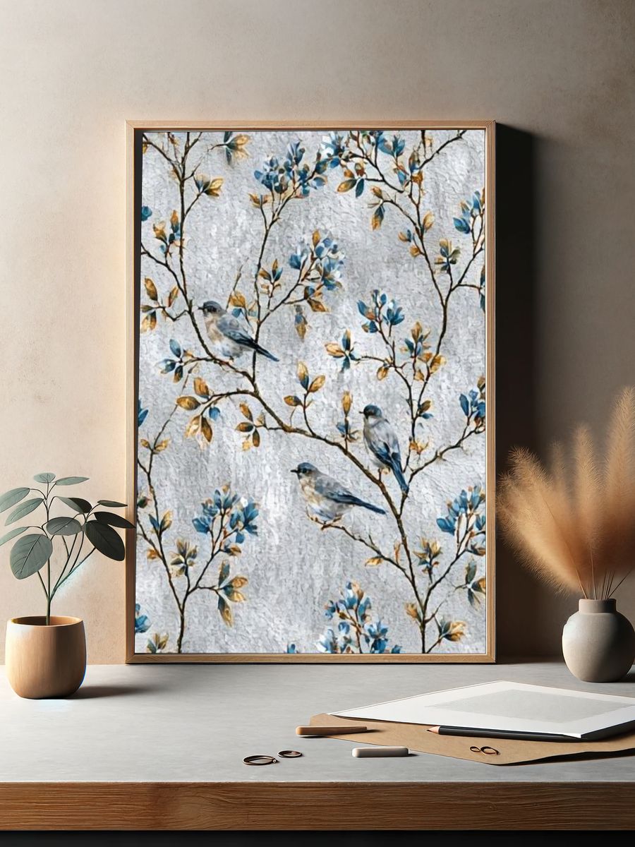 Blue Birds on Branches Illustration Poster. — room view 2