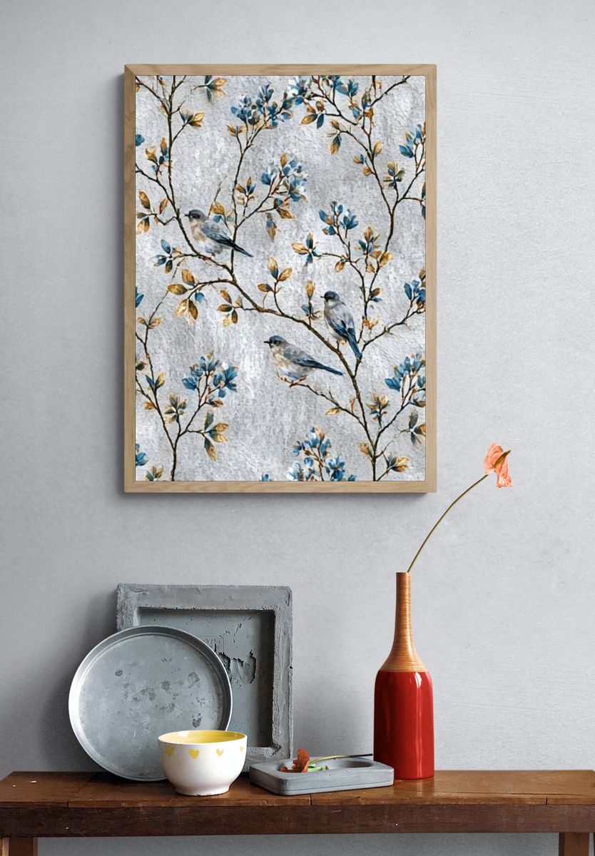 Blue Birds on Branches Illustration Poster. — room view 3