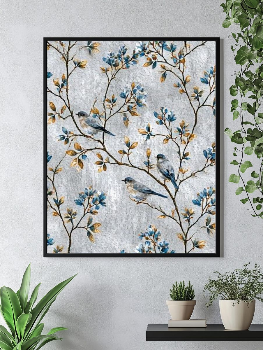 Blue Birds on Branches Illustration Poster. — room view 4
