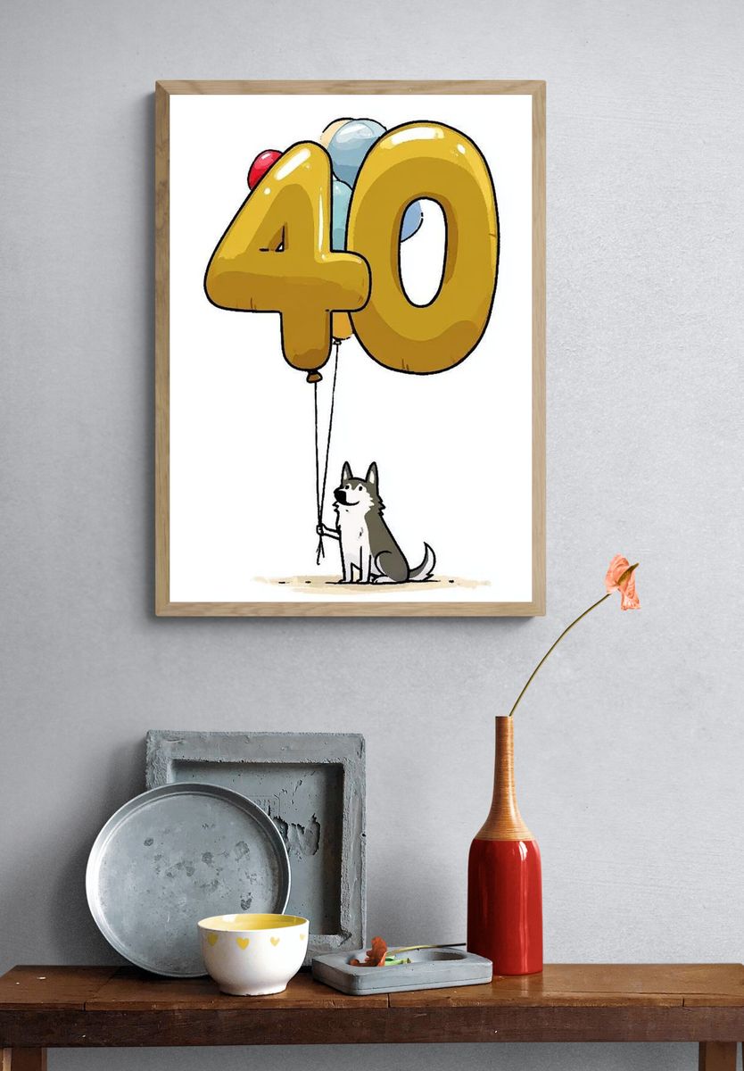 40th Birthday Dog Illustration Poster. — room view 3