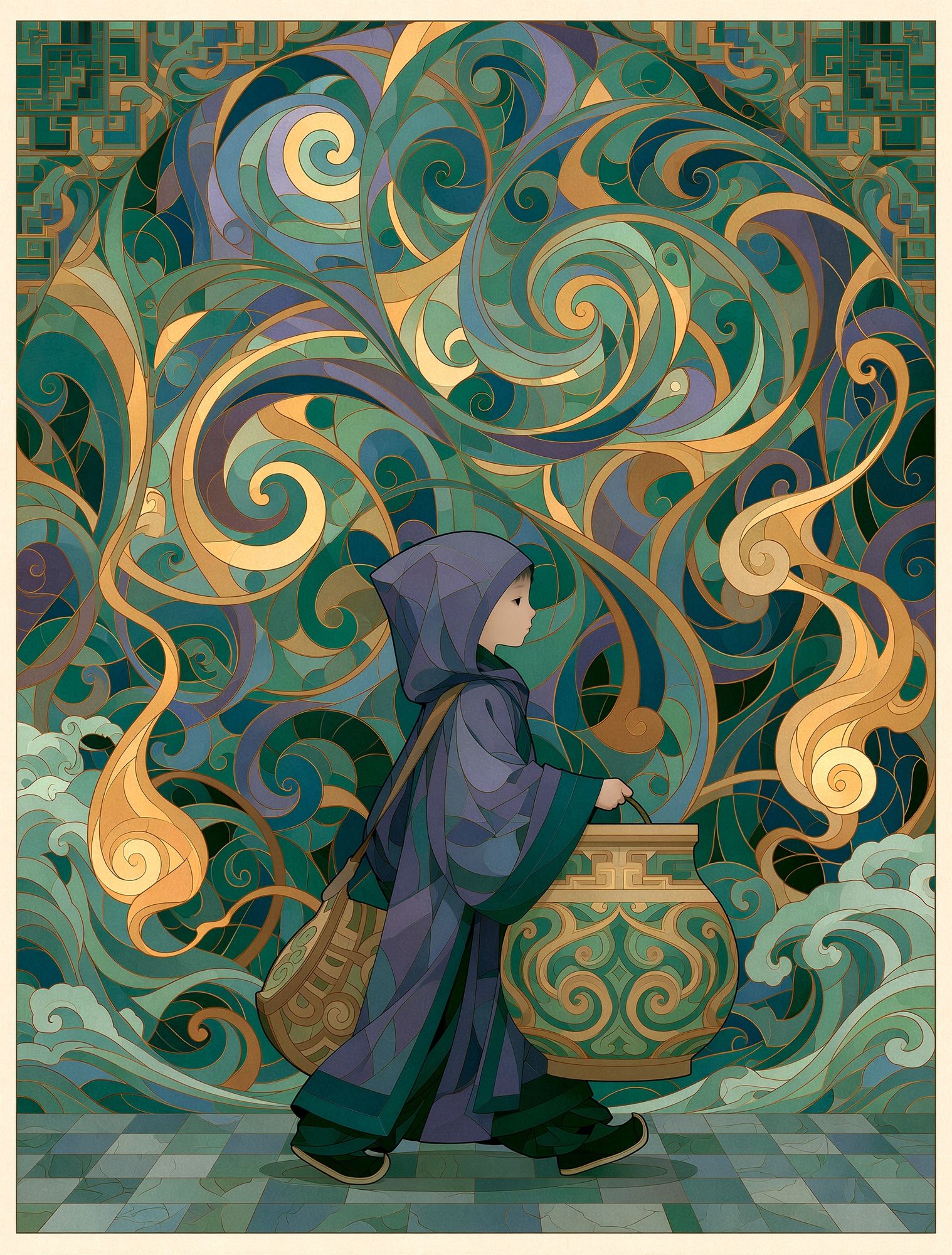 Mystic Child in Swirls Illustration Poster. poster detail