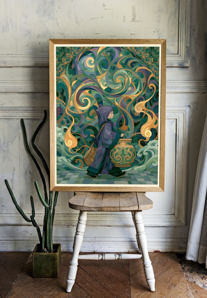 Mystic Child in Swirls Illustration Poster. room preview
