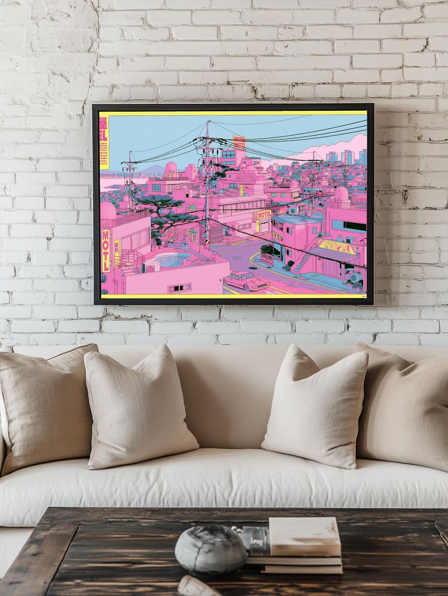 Neon Motel Cityscape Illustration Poster. room preview