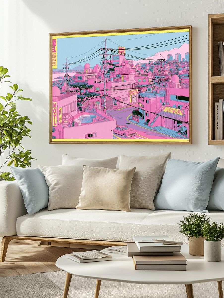 Neon Motel Cityscape Illustration Poster. — room view 2