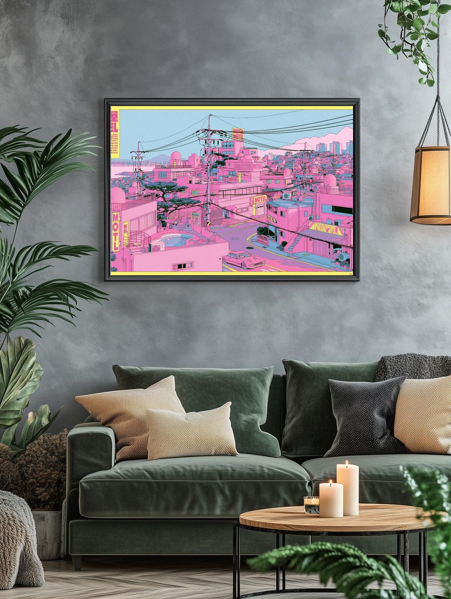Neon Motel Cityscape Illustration Poster. — room view 4