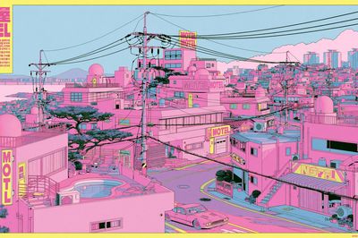 Neon Motel Cityscape Illustration Poster. poster